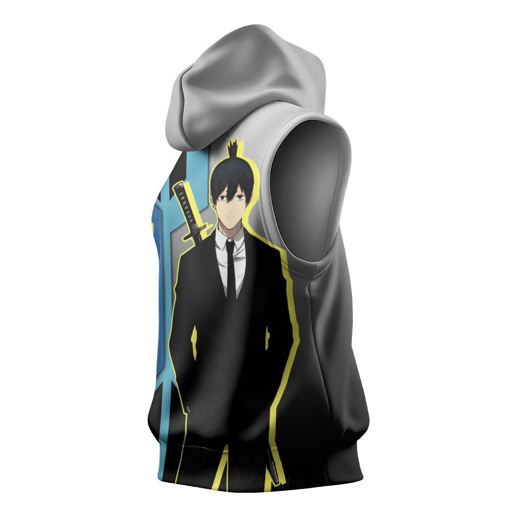 Aki Hayakawa from Chainsaw Man Sleeveless Hoodie with Sword and Stylish Pose Design - The Mazicc