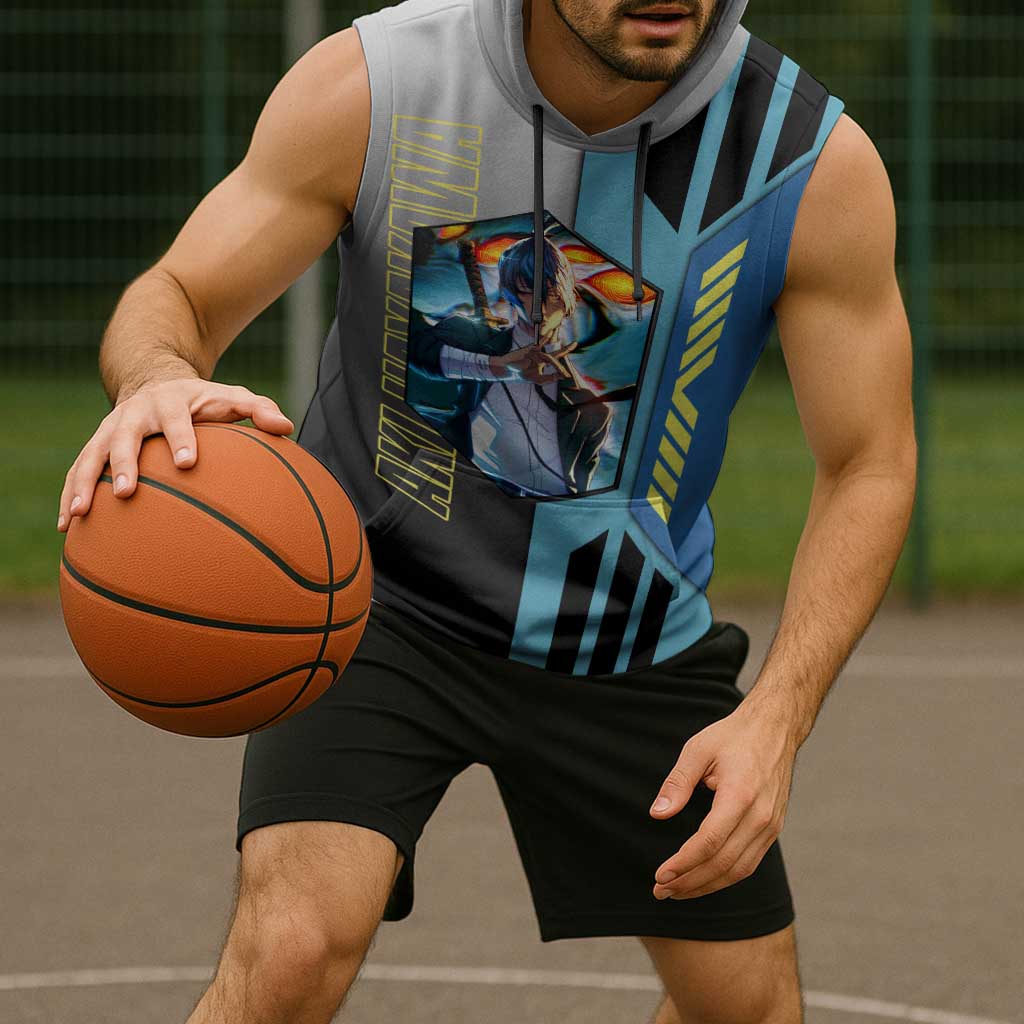 Aki Hayakawa from Chainsaw Man Sleeveless Hoodie with Sword and Stylish Pose Design - The Mazicc