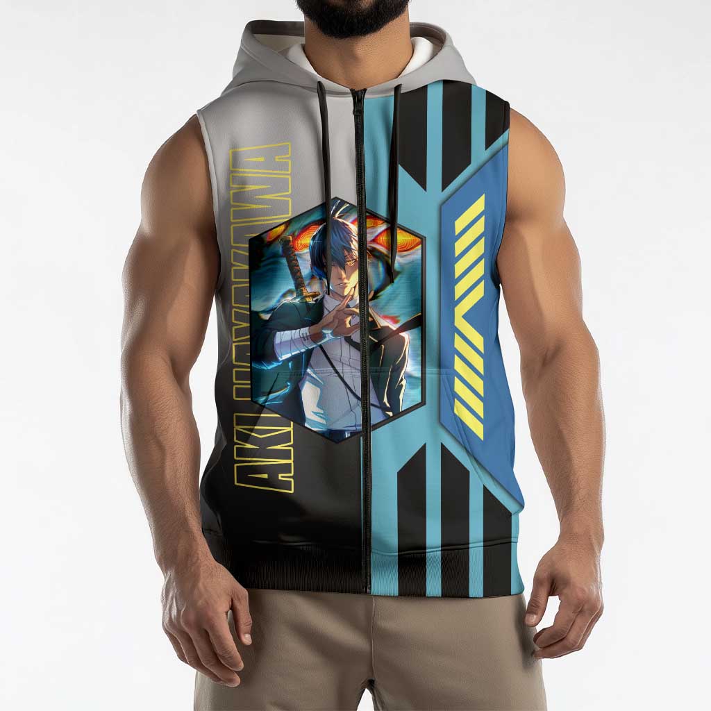 Aki Hayakawa from Chainsaw Man Sleeveless Zip Hoodie with Sword and Stylish Pose Design - The Mazicc