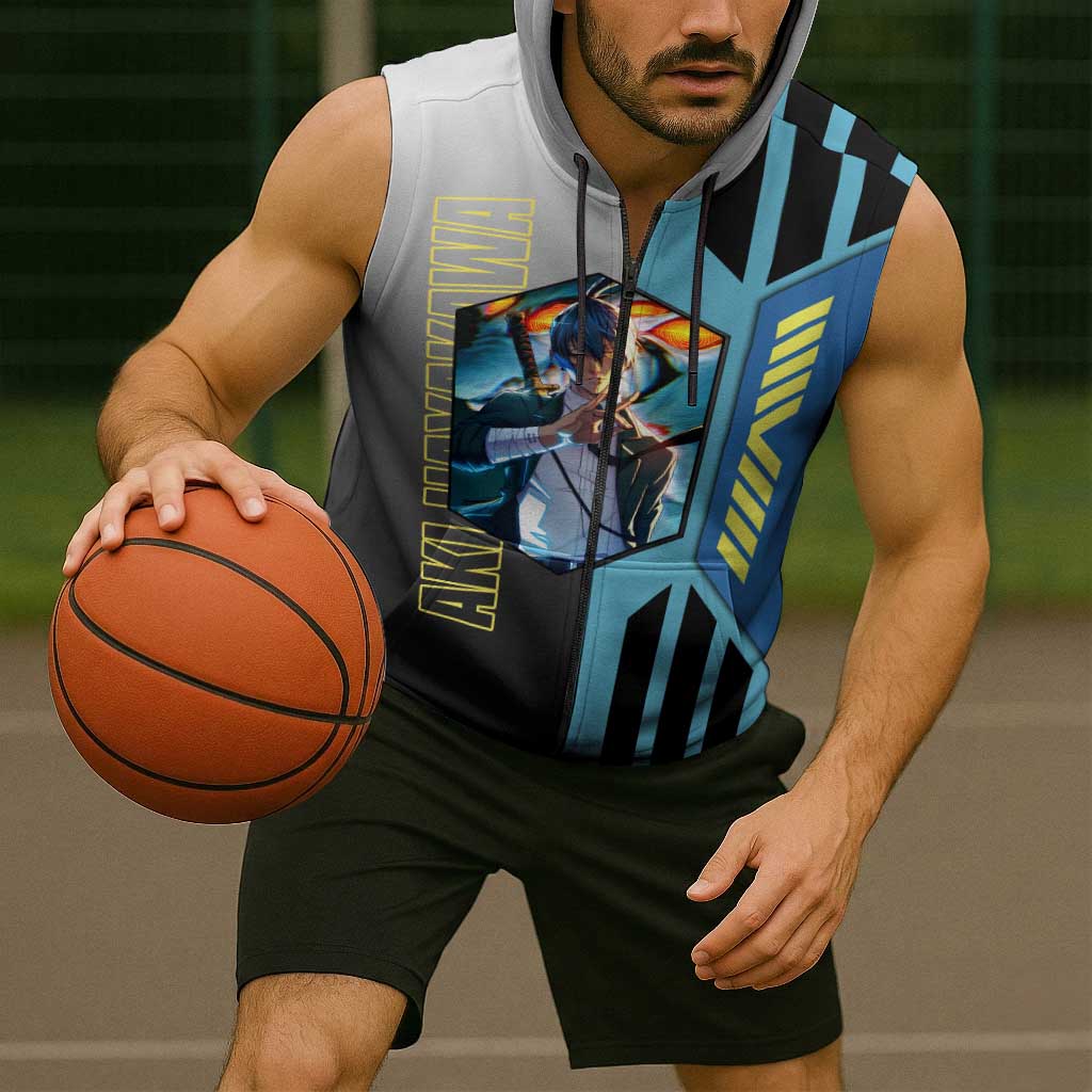 Aki Hayakawa from Chainsaw Man Sleeveless Zip Hoodie with Sword and Stylish Pose Design - The Mazicc