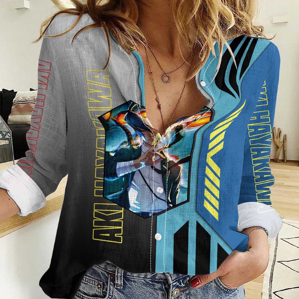 Aki Hayakawa from Chainsaw Man Women Casual Shirt with Sword and Stylish Pose Design - The Mazicc