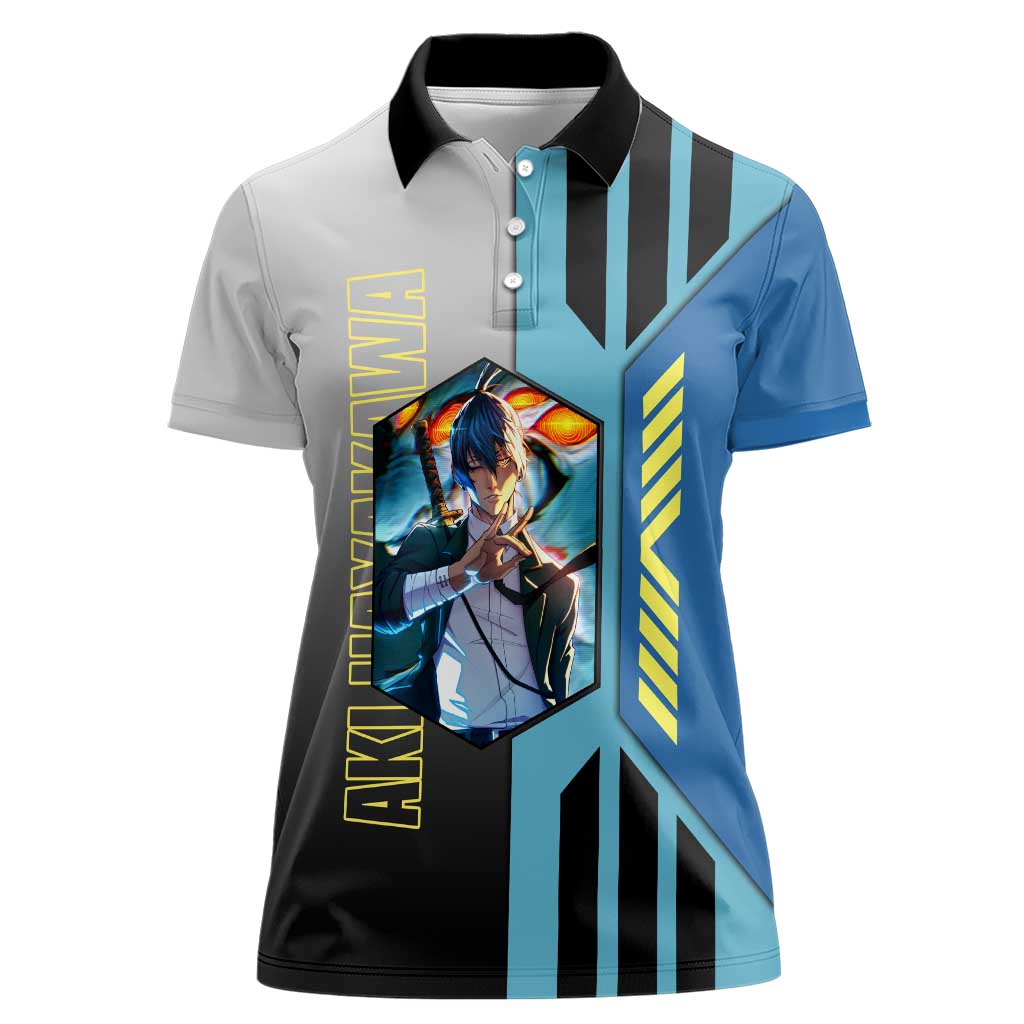 Aki Hayakawa from Chainsaw Man Women Polo Shirt with Sword and Stylish Pose Design - The Mazicc