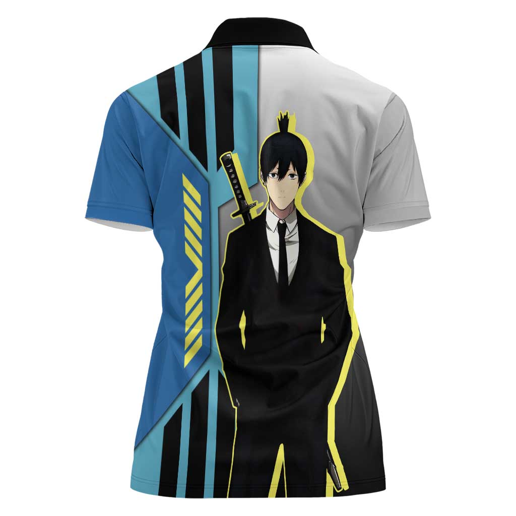 Aki Hayakawa from Chainsaw Man Women Polo Shirt with Sword and Stylish Pose Design - The Mazicc