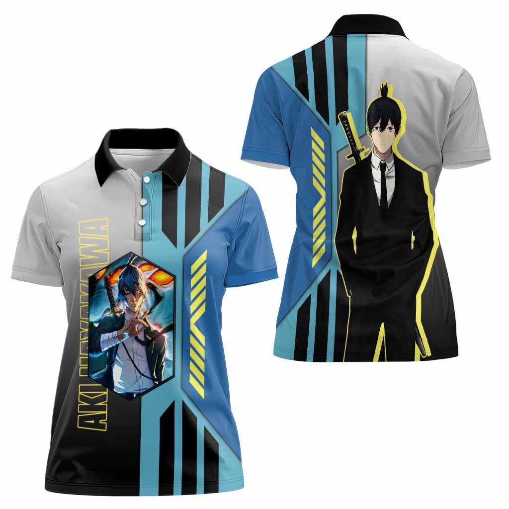 Aki Hayakawa from Chainsaw Man Women Polo Shirt with Sword and Stylish Pose Design - The Mazicc