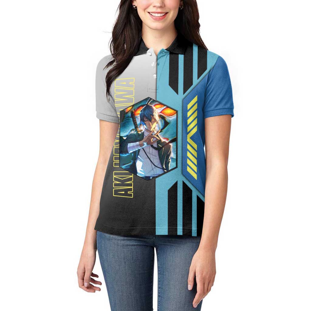 Aki Hayakawa from Chainsaw Man Women Polo Shirt with Sword and Stylish Pose Design - The Mazicc
