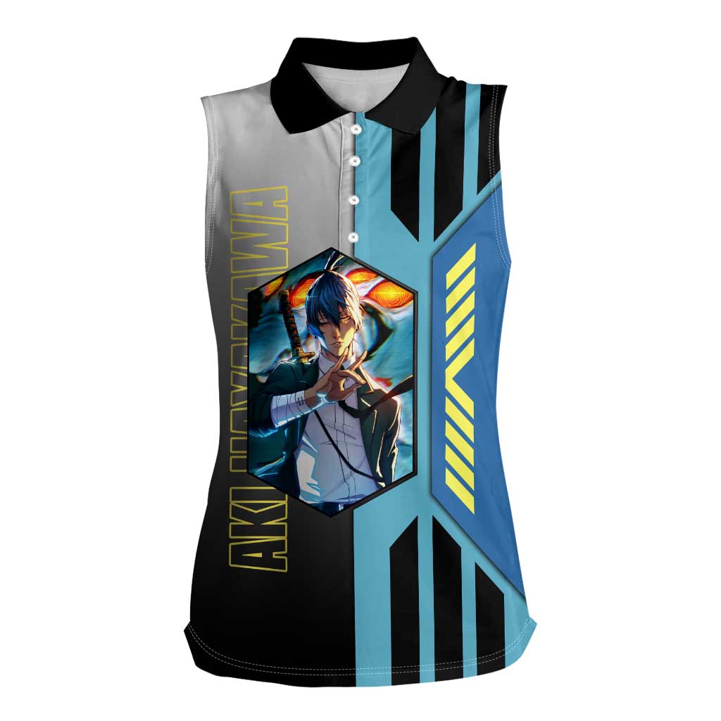 Aki Hayakawa from Chainsaw Man Women Sleeveless Polo Shirt with Sword and Stylish Pose Design - The Mazicc