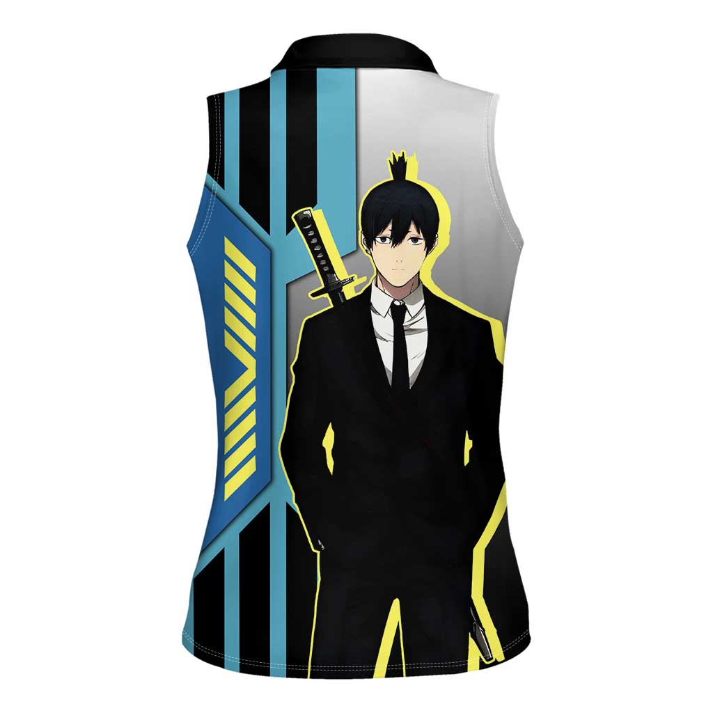 Aki Hayakawa from Chainsaw Man Women Sleeveless Polo Shirt with Sword and Stylish Pose Design - The Mazicc
