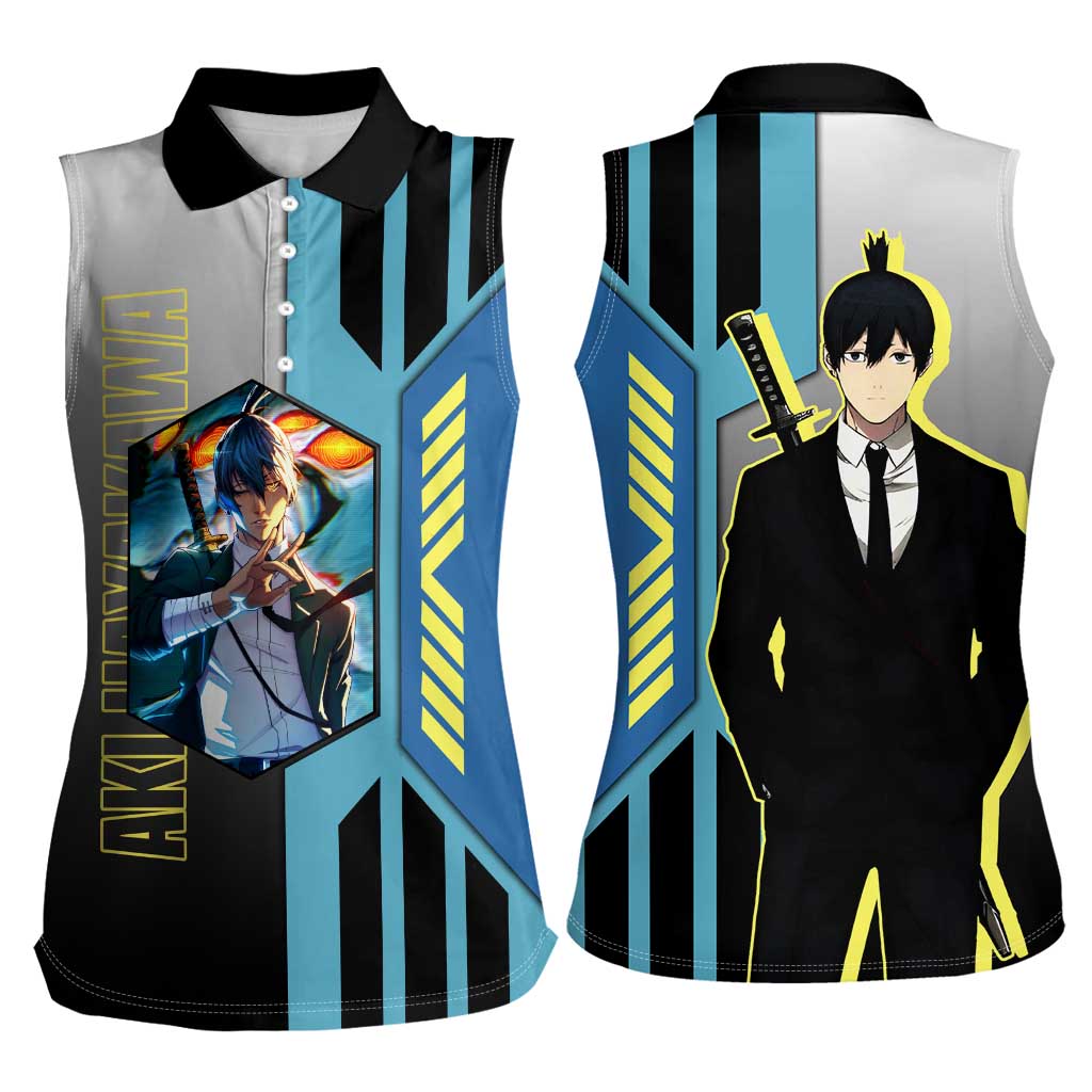 Aki Hayakawa from Chainsaw Man Women Sleeveless Polo Shirt with Sword and Stylish Pose Design - The Mazicc