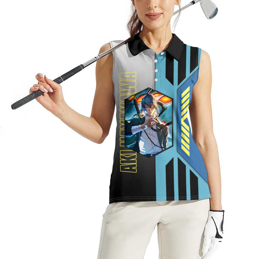 Aki Hayakawa from Chainsaw Man Women Sleeveless Polo Shirt with Sword and Stylish Pose Design - The Mazicc