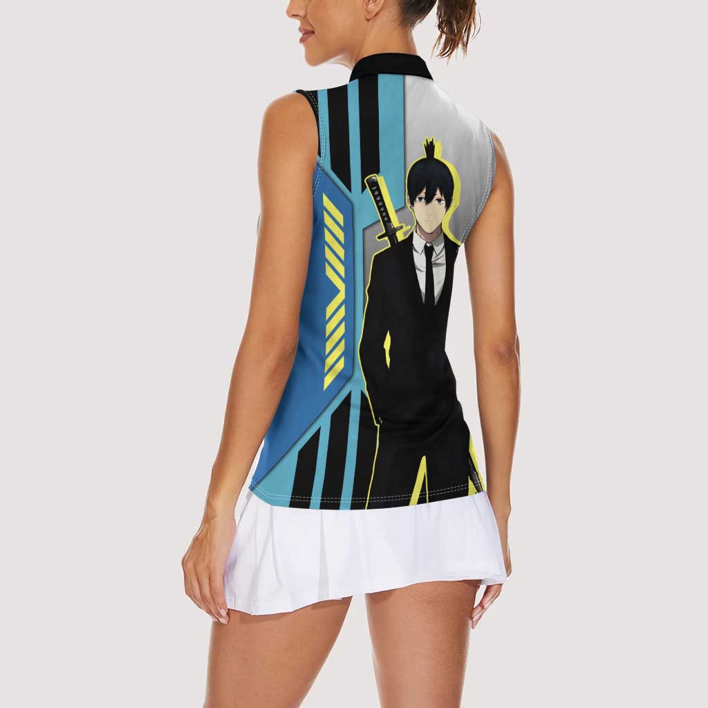 Aki Hayakawa from Chainsaw Man Women Sleeveless Polo Shirt with Sword and Stylish Pose Design - The Mazicc
