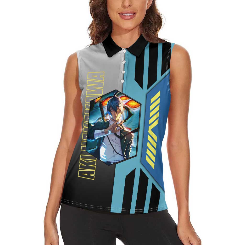 Aki Hayakawa from Chainsaw Man Women Sleeveless Polo Shirt with Sword and Stylish Pose Design - The Mazicc