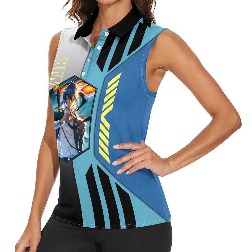 Aki Hayakawa from Chainsaw Man Women Sleeveless Polo Shirt with Sword and Stylish Pose Design - The Mazicc