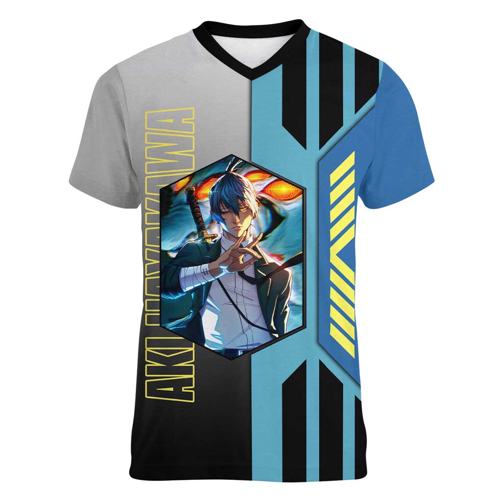 Aki Hayakawa from Chainsaw Man Women V-Neck T-Shirt with Sword and Stylish Pose Design - The Mazicc