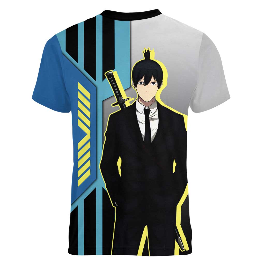 Aki Hayakawa from Chainsaw Man Women V-Neck T-Shirt with Sword and Stylish Pose Design - The Mazicc