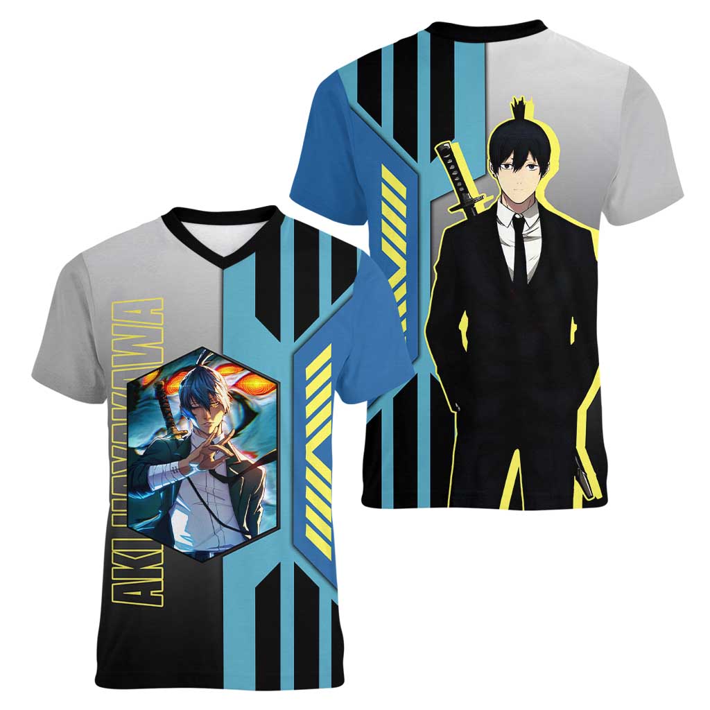 Aki Hayakawa from Chainsaw Man Women V-Neck T-Shirt with Sword and Stylish Pose Design - The Mazicc