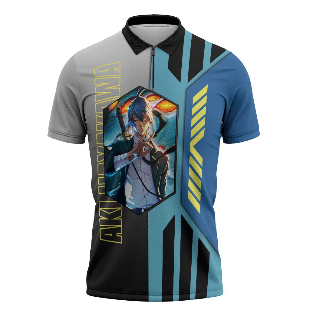 Aki Hayakawa from Chainsaw Man Zipper Polo Shirt with Sword and Stylish Pose Design - The Mazicc