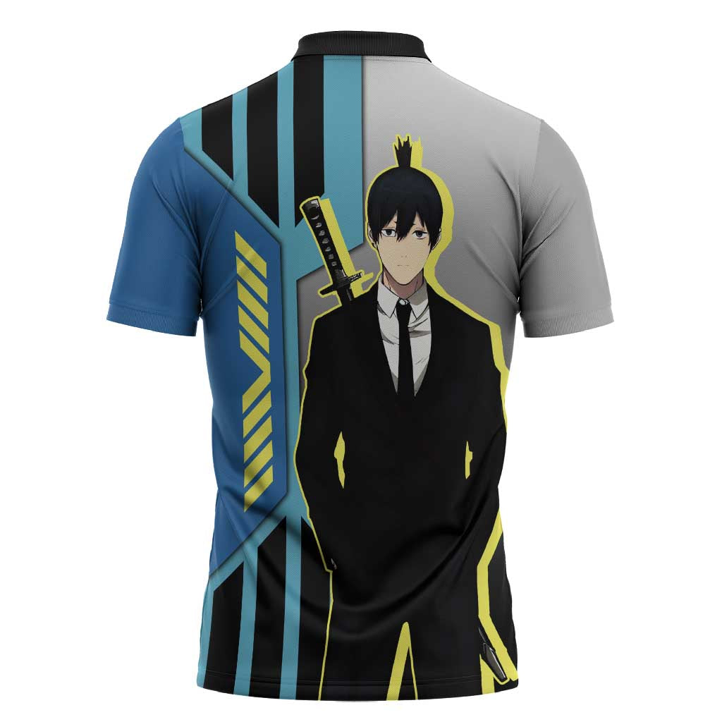 Aki Hayakawa from Chainsaw Man Zipper Polo Shirt with Sword and Stylish Pose Design - The Mazicc