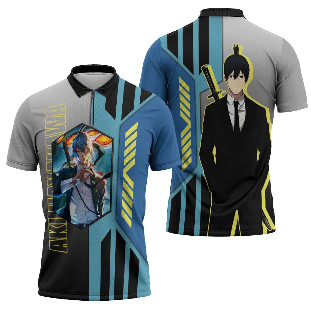 Aki Hayakawa from Chainsaw Man Zipper Polo Shirt with Sword and Stylish Pose Design - The Mazicc