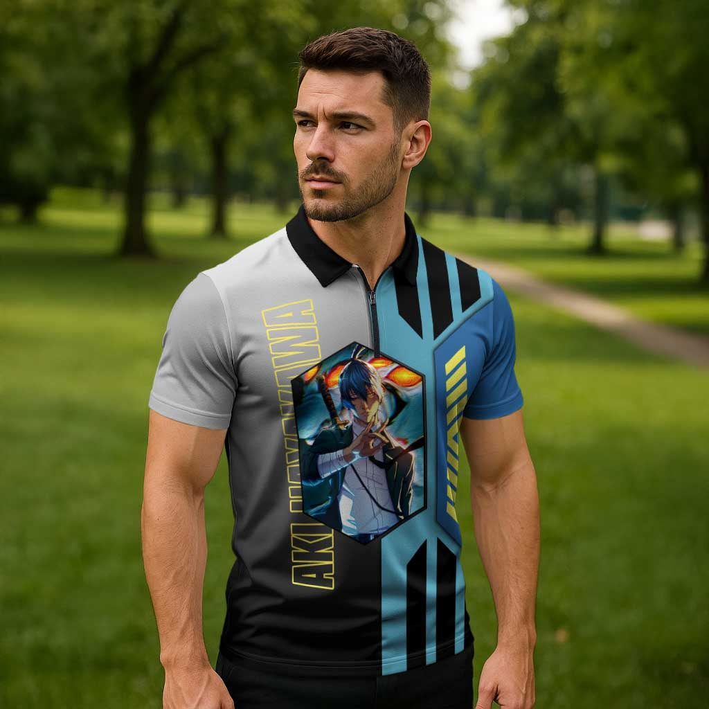 Aki Hayakawa from Chainsaw Man Zipper Polo Shirt with Sword and Stylish Pose Design - The Mazicc