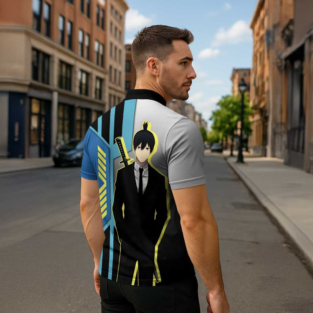 Aki Hayakawa from Chainsaw Man Zipper Polo Shirt with Sword and Stylish Pose Design - The Mazicc