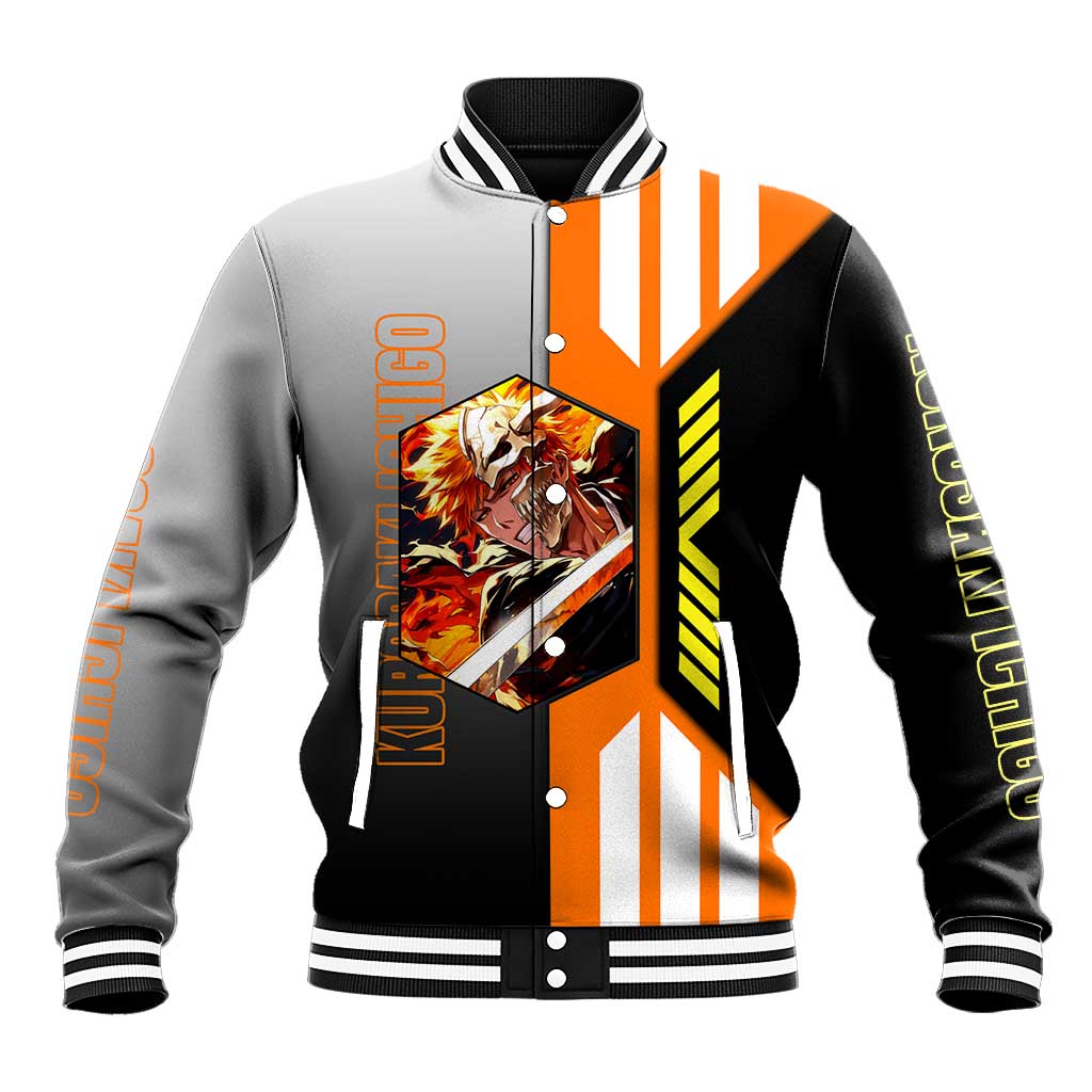 Ichigo Kurosaki from Bleach Baseball Jacket with Sword and Battle Ready Pose Design - The Mazicc