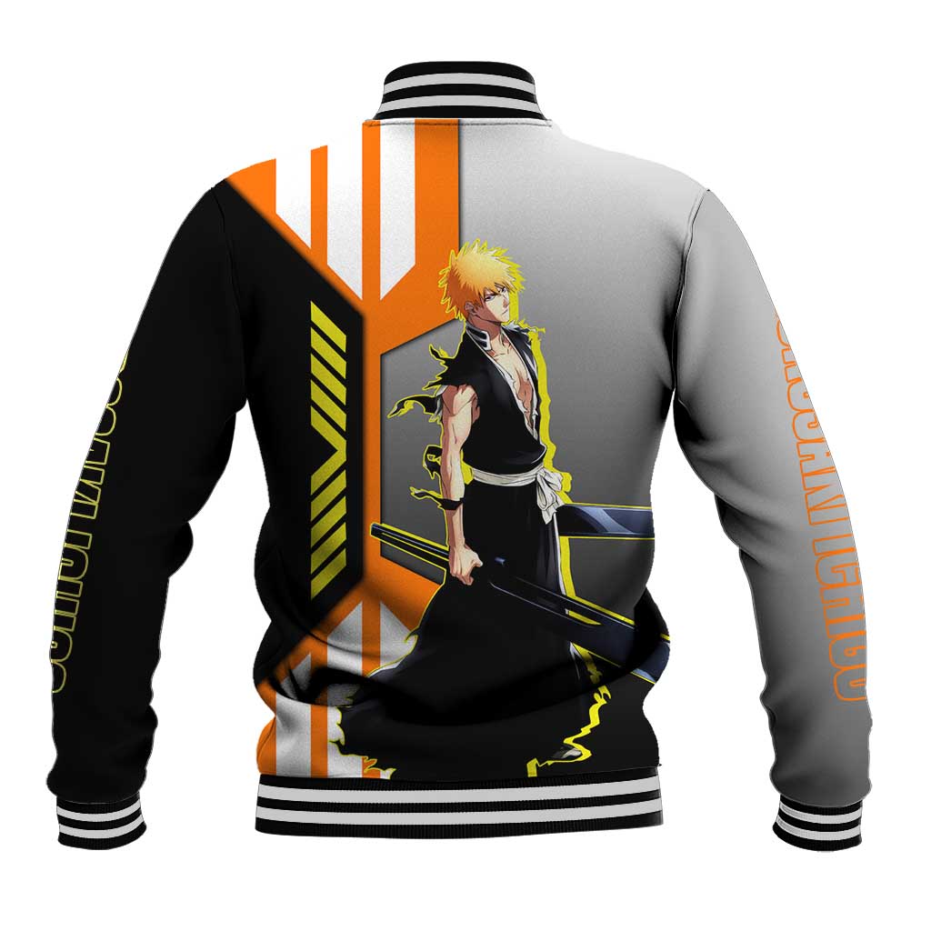 Ichigo Kurosaki from Bleach Baseball Jacket with Sword and Battle Ready Pose Design - The Mazicc