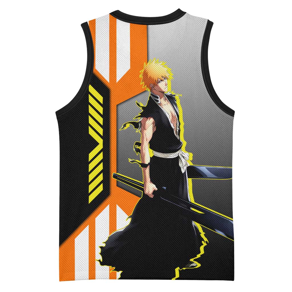 Ichigo Kurosaki from Bleach Basketball Jersey with Sword and Battle Ready Pose Design - The Mazicc