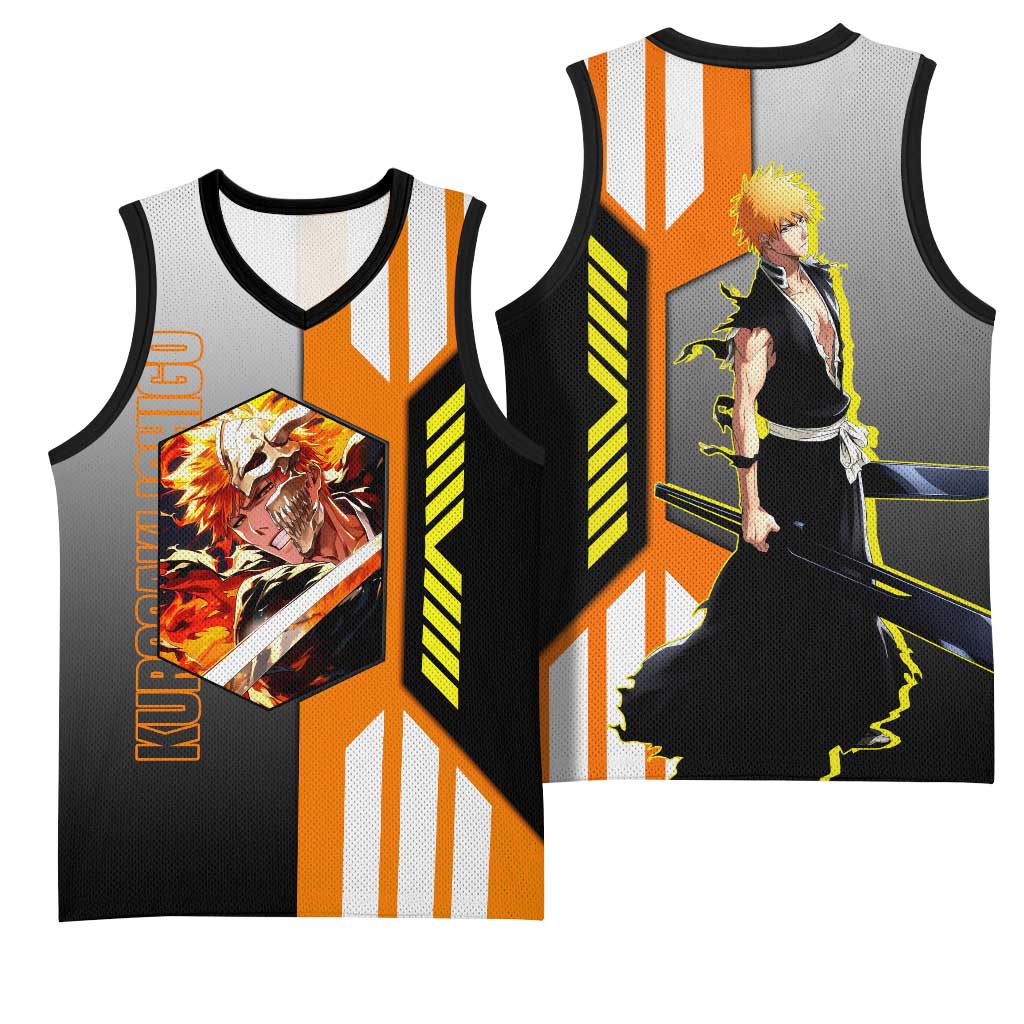 Ichigo Kurosaki from Bleach Basketball Jersey with Sword and Battle Ready Pose Design - The Mazicc