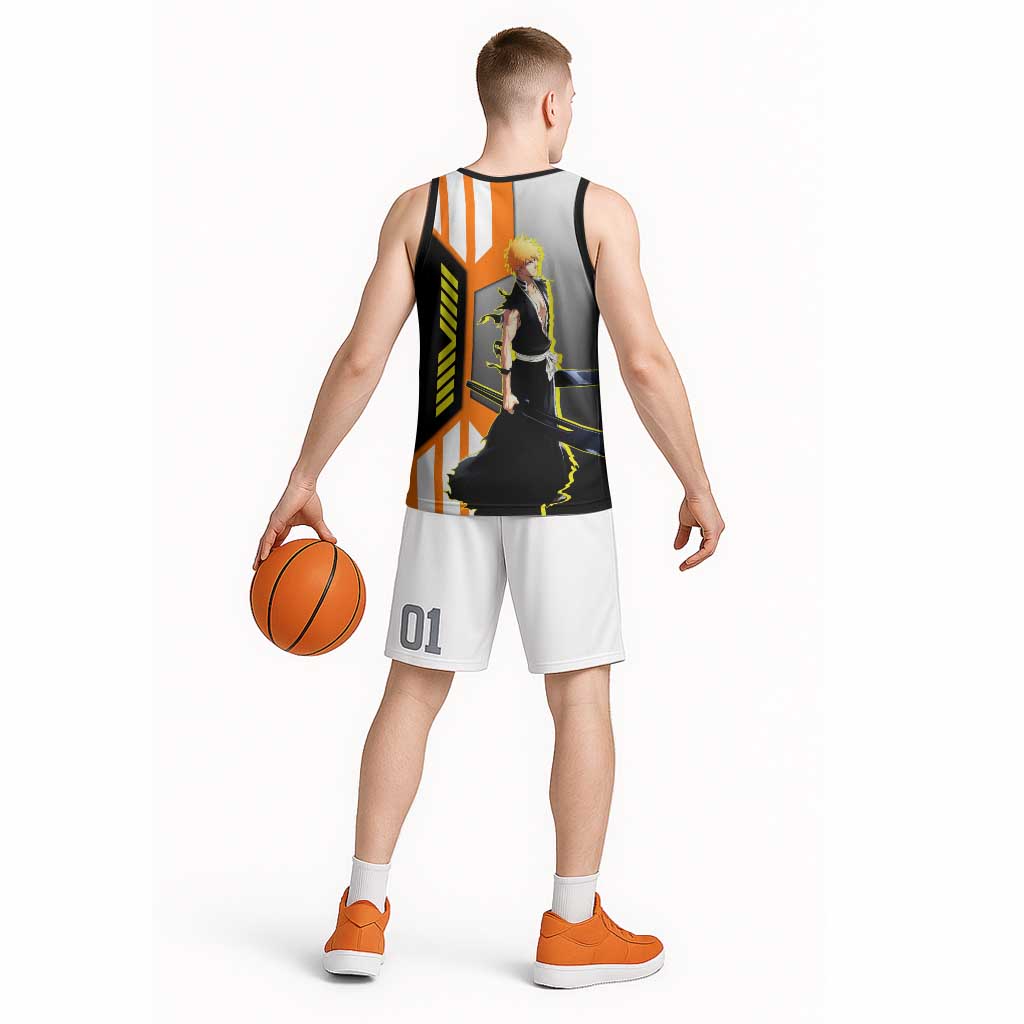 Ichigo Kurosaki from Bleach Basketball Jersey with Sword and Battle Ready Pose Design - The Mazicc