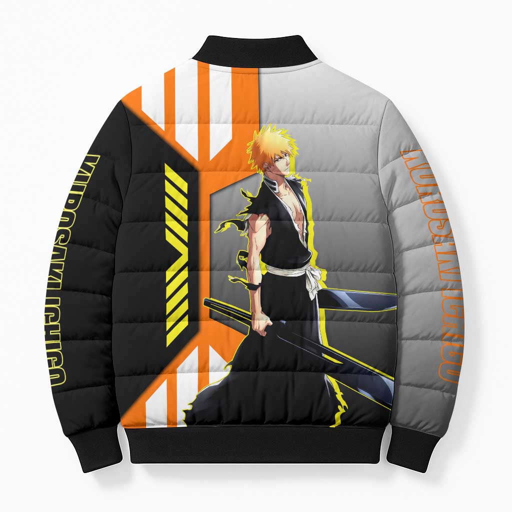Ichigo Kurosaki from Bleach Bomber Puffer Jacket with Sword and Battle Ready Pose Design - The Mazicc