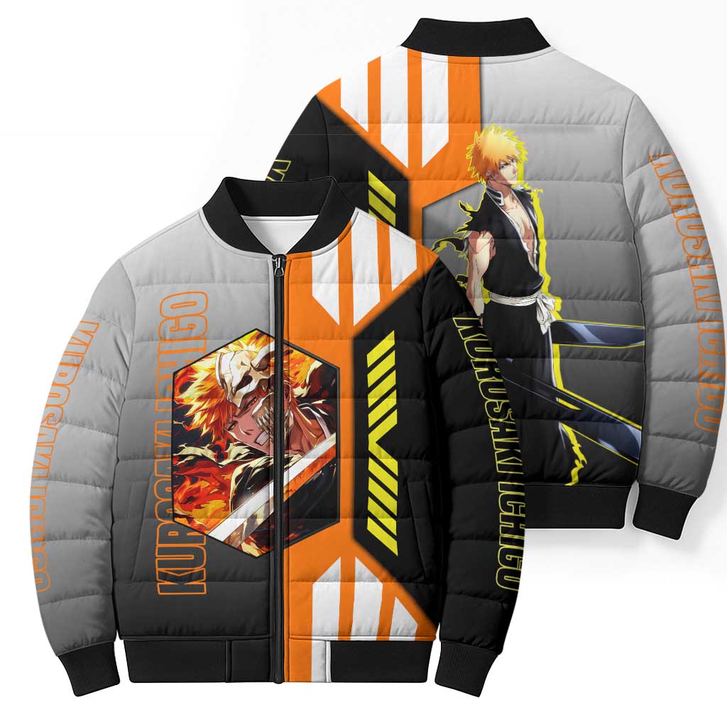 Ichigo Kurosaki from Bleach Bomber Puffer Jacket with Sword and Battle Ready Pose Design - The Mazicc