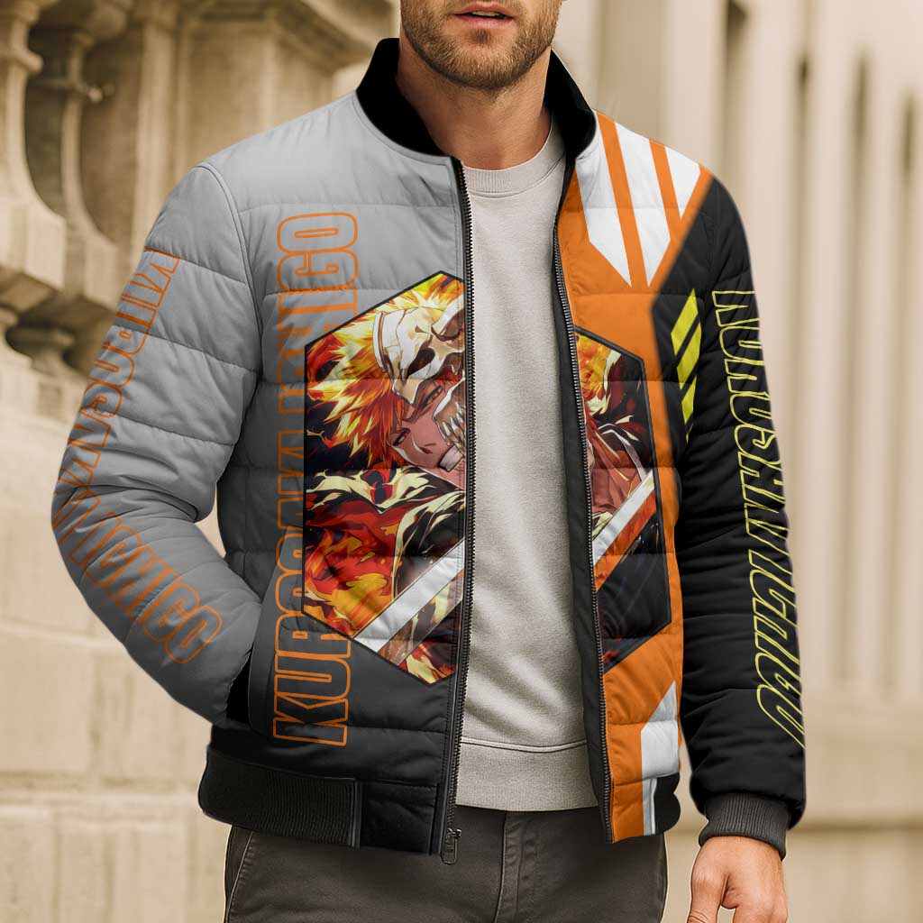 Ichigo Kurosaki from Bleach Bomber Puffer Jacket with Sword and Battle Ready Pose Design - The Mazicc