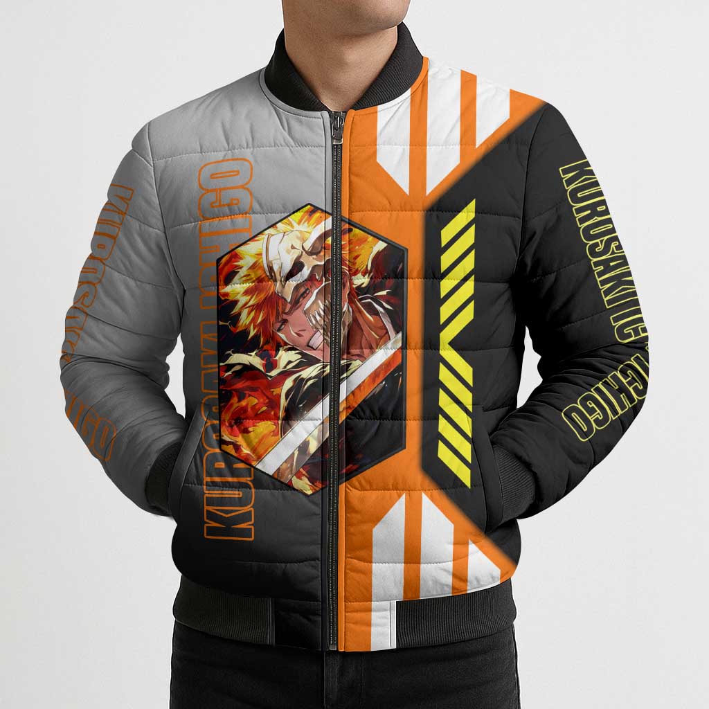 Ichigo Kurosaki from Bleach Bomber Puffer Jacket with Sword and Battle Ready Pose Design - The Mazicc