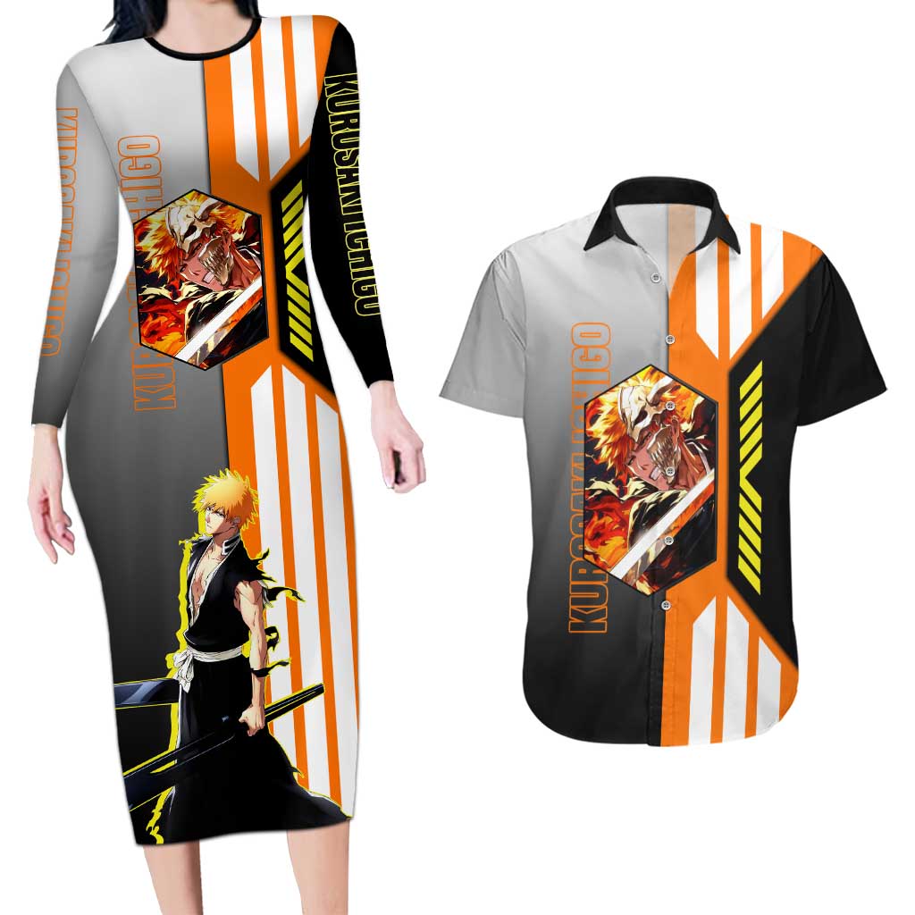 Ichigo Kurosaki from Bleach Couples Matching Long Sleeve Bodycon Dress and Hawaiian Shirt with Sword and Battle Ready Pose Design - The Mazicc