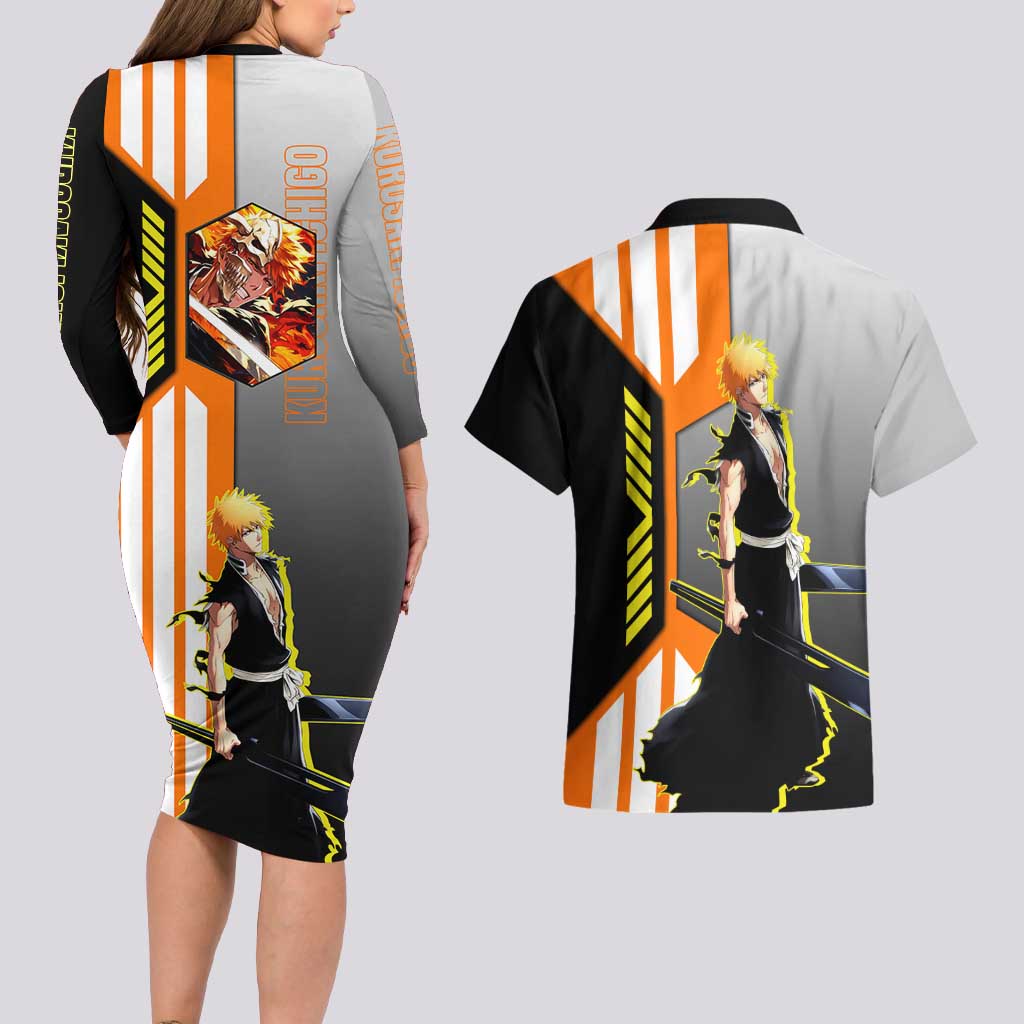 Ichigo Kurosaki from Bleach Couples Matching Long Sleeve Bodycon Dress and Hawaiian Shirt with Sword and Battle Ready Pose Design - The Mazicc