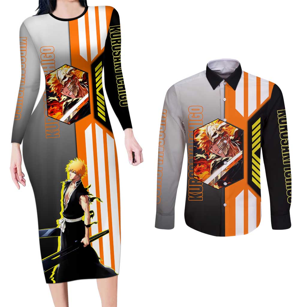 Ichigo Kurosaki from Bleach Couples Matching Long Sleeve Bodycon Dress and Long Sleeve Button Shirt with Sword and Battle Ready Pose Design - The Mazicc