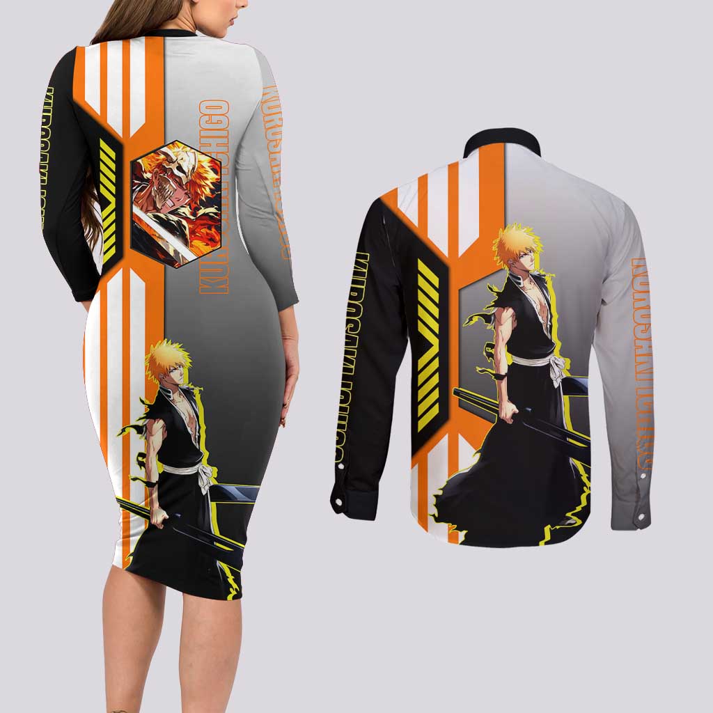 Ichigo Kurosaki from Bleach Couples Matching Long Sleeve Bodycon Dress and Long Sleeve Button Shirt with Sword and Battle Ready Pose Design - The Mazicc