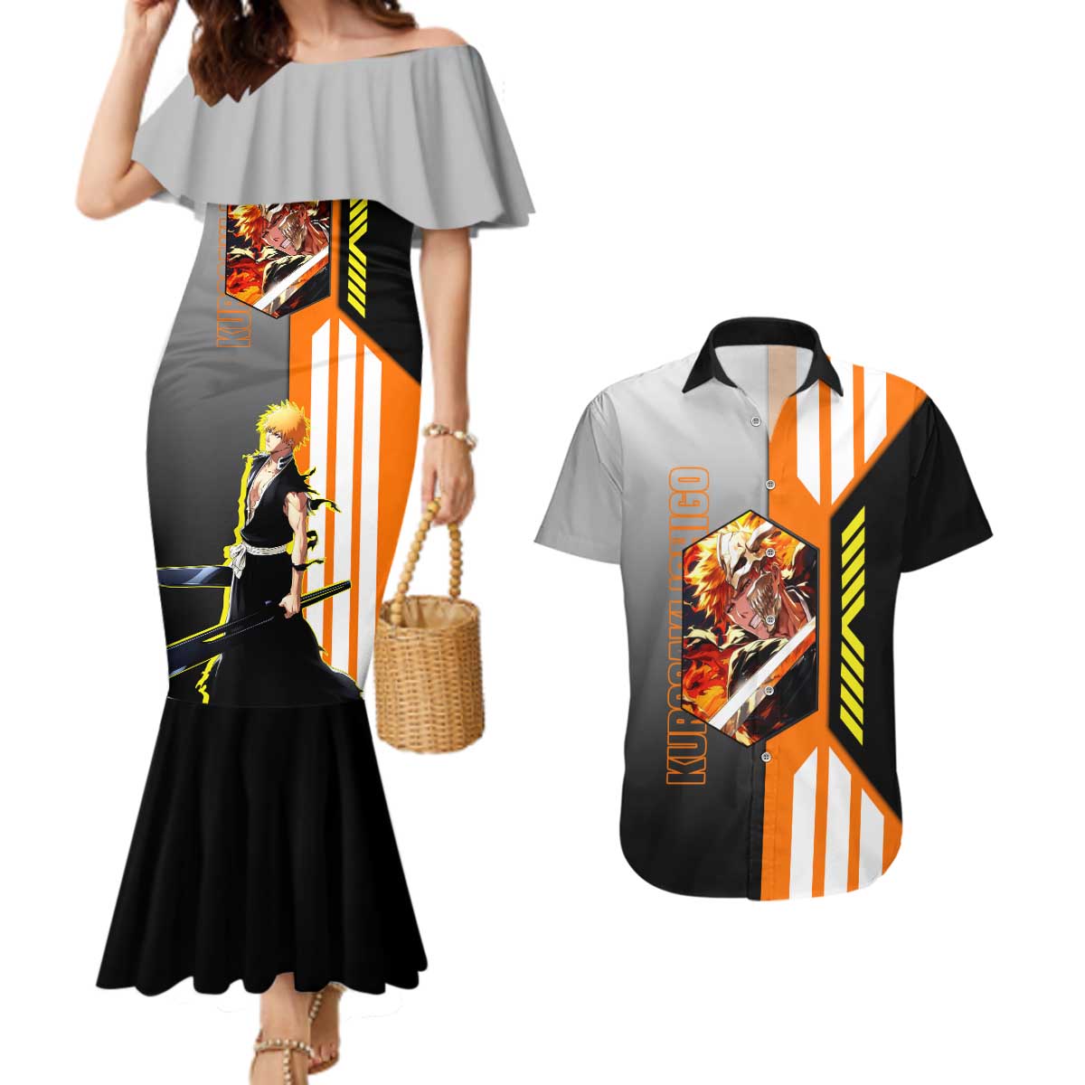 Ichigo Kurosaki from Bleach Couples Matching Mermaid Dress and Hawaiian Shirt with Sword and Battle Ready Pose Design - The Mazicc