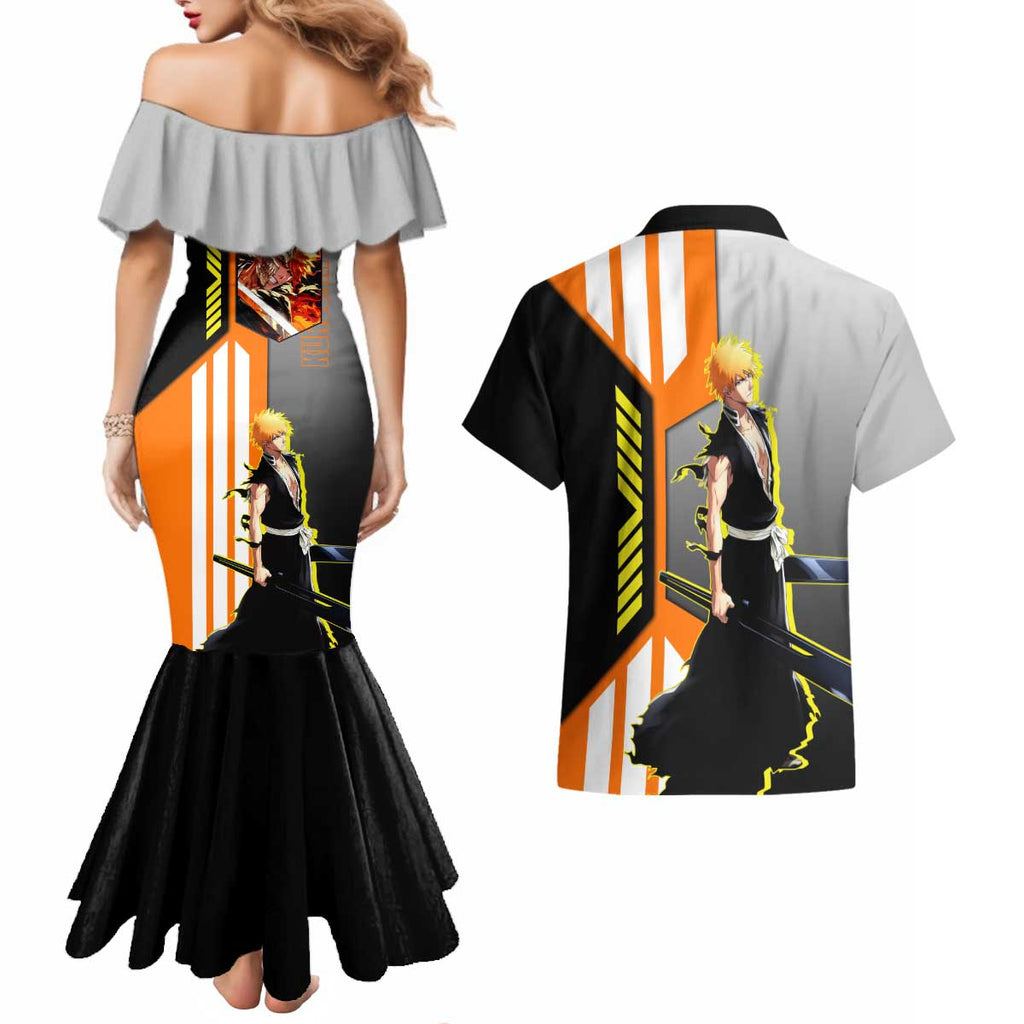 Ichigo Kurosaki from Bleach Couples Matching Mermaid Dress and Hawaiian Shirt with Sword and Battle Ready Pose Design - The Mazicc