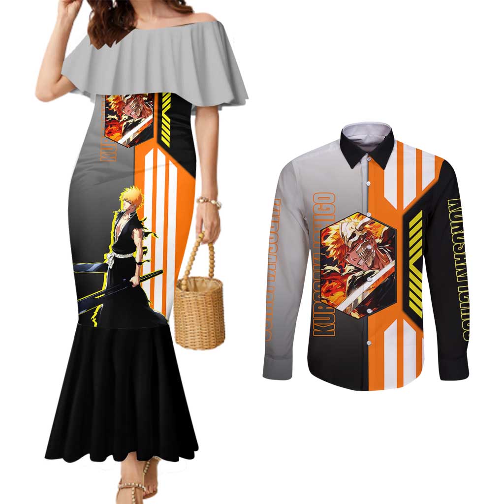 Ichigo Kurosaki from Bleach Couples Matching Mermaid Dress and Long Sleeve Button Shirt with Sword and Battle Ready Pose Design - The Mazicc