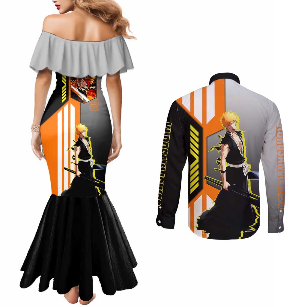 Ichigo Kurosaki from Bleach Couples Matching Mermaid Dress and Long Sleeve Button Shirt with Sword and Battle Ready Pose Design - The Mazicc