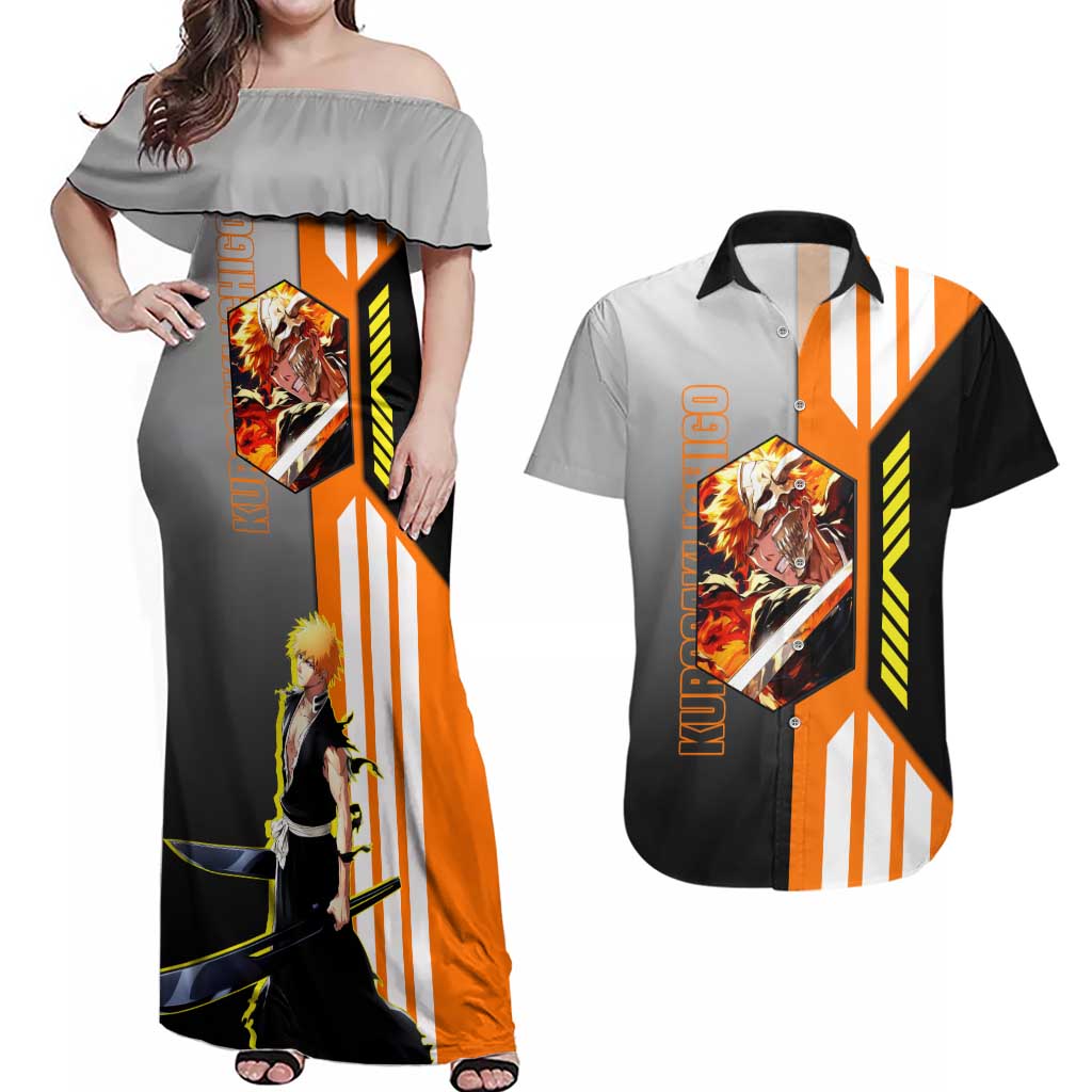 Ichigo Kurosaki from Bleach Couples Matching Off Shoulder Maxi Dress and Hawaiian Shirt with Sword and Battle Ready Pose Design - The Mazicc