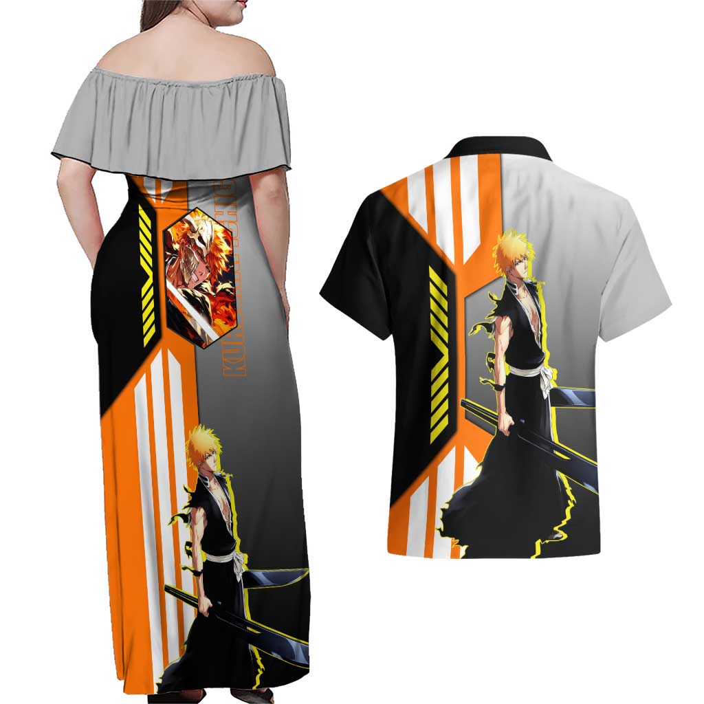 Ichigo Kurosaki from Bleach Couples Matching Off Shoulder Maxi Dress and Hawaiian Shirt with Sword and Battle Ready Pose Design - The Mazicc