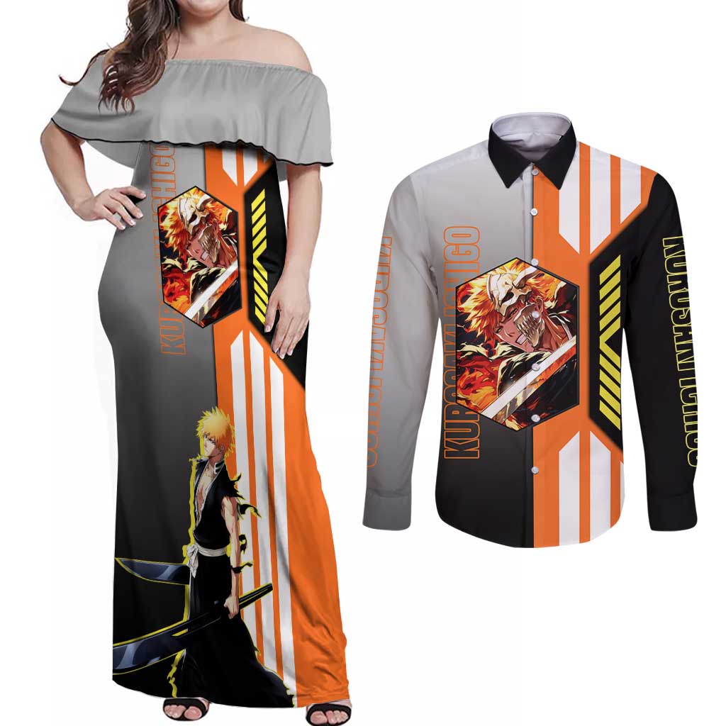 Ichigo Kurosaki from Bleach Couples Matching Off Shoulder Maxi Dress and Long Sleeve Button Shirt with Sword and Battle Ready Pose Design - The Mazicc