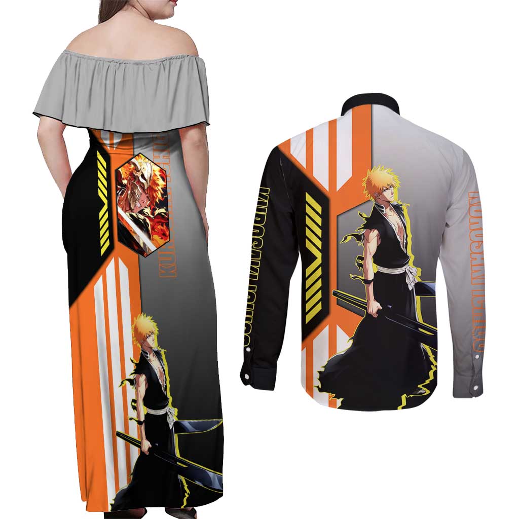Ichigo Kurosaki from Bleach Couples Matching Off Shoulder Maxi Dress and Long Sleeve Button Shirt with Sword and Battle Ready Pose Design - The Mazicc