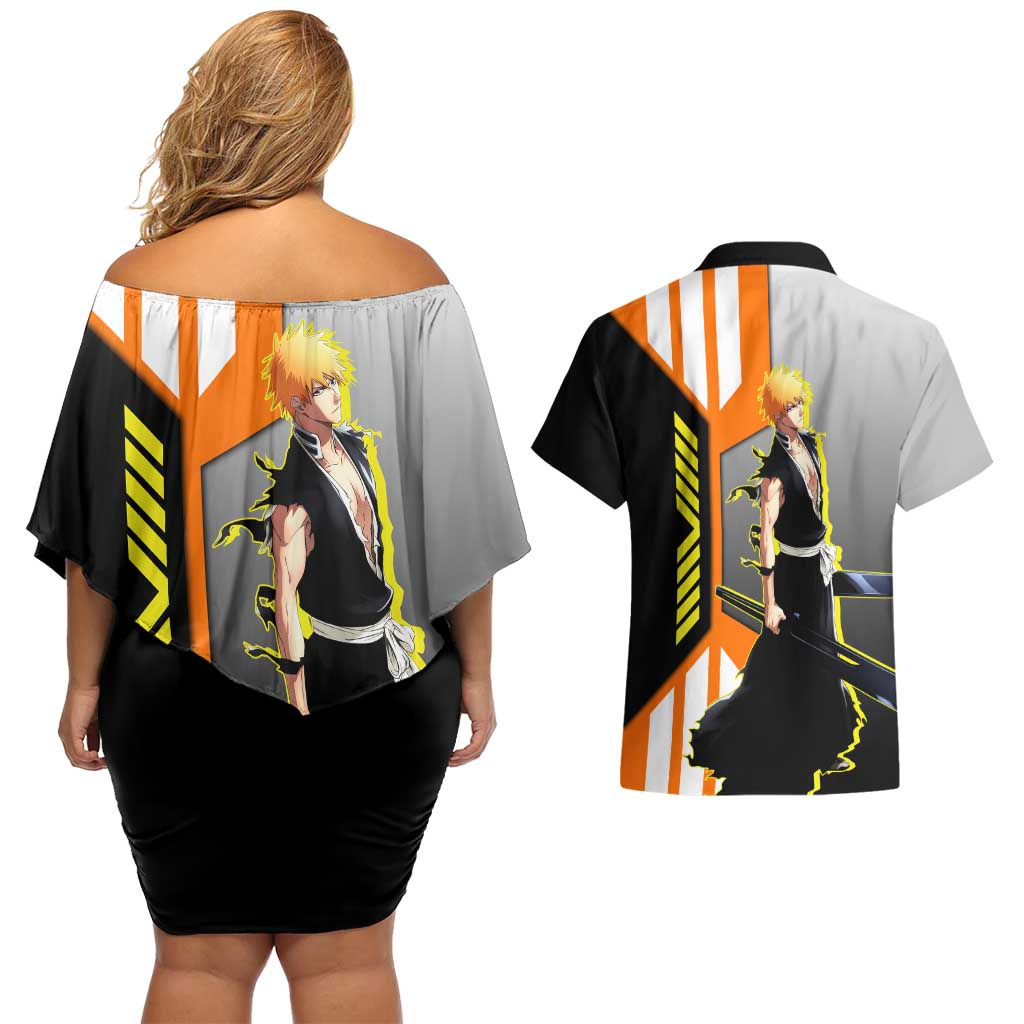 Ichigo Kurosaki from Bleach Couples Matching Off Shoulder Short Dress and Hawaiian Shirt with Sword and Battle Ready Pose Design - The Mazicc