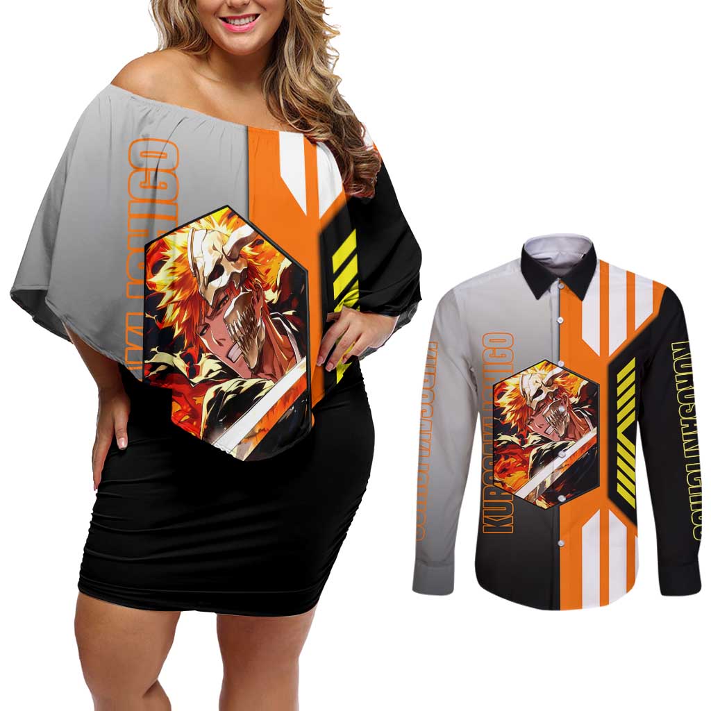 Ichigo Kurosaki from Bleach Couples Matching Off Shoulder Short Dress and Long Sleeve Button Shirt with Sword and Battle Ready Pose Design - The Mazicc