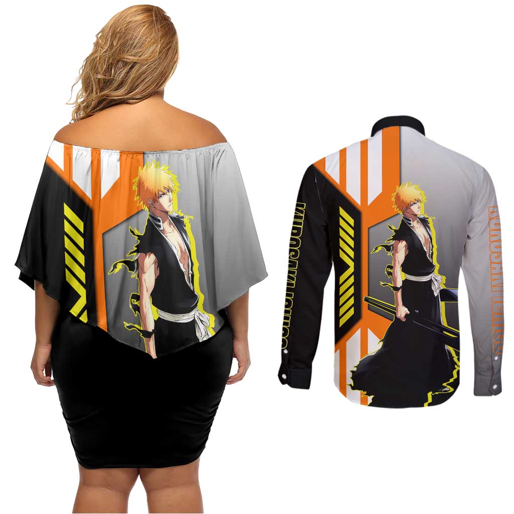 Ichigo Kurosaki from Bleach Couples Matching Off Shoulder Short Dress and Long Sleeve Button Shirt with Sword and Battle Ready Pose Design - The Mazicc