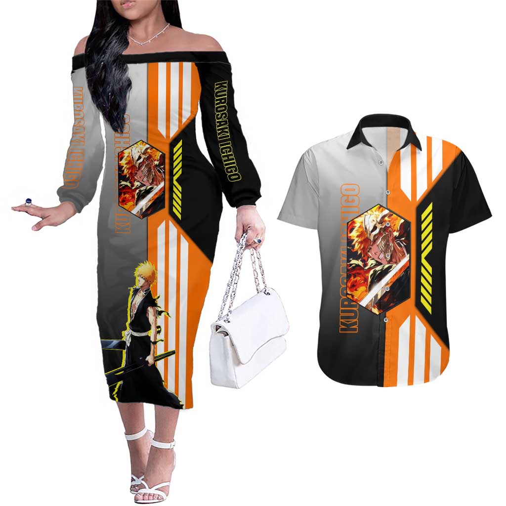 Ichigo Kurosaki from Bleach Couples Matching Off The Shoulder Long Sleeve Dress and Hawaiian Shirt with Sword and Battle Ready Pose Design - The Mazicc