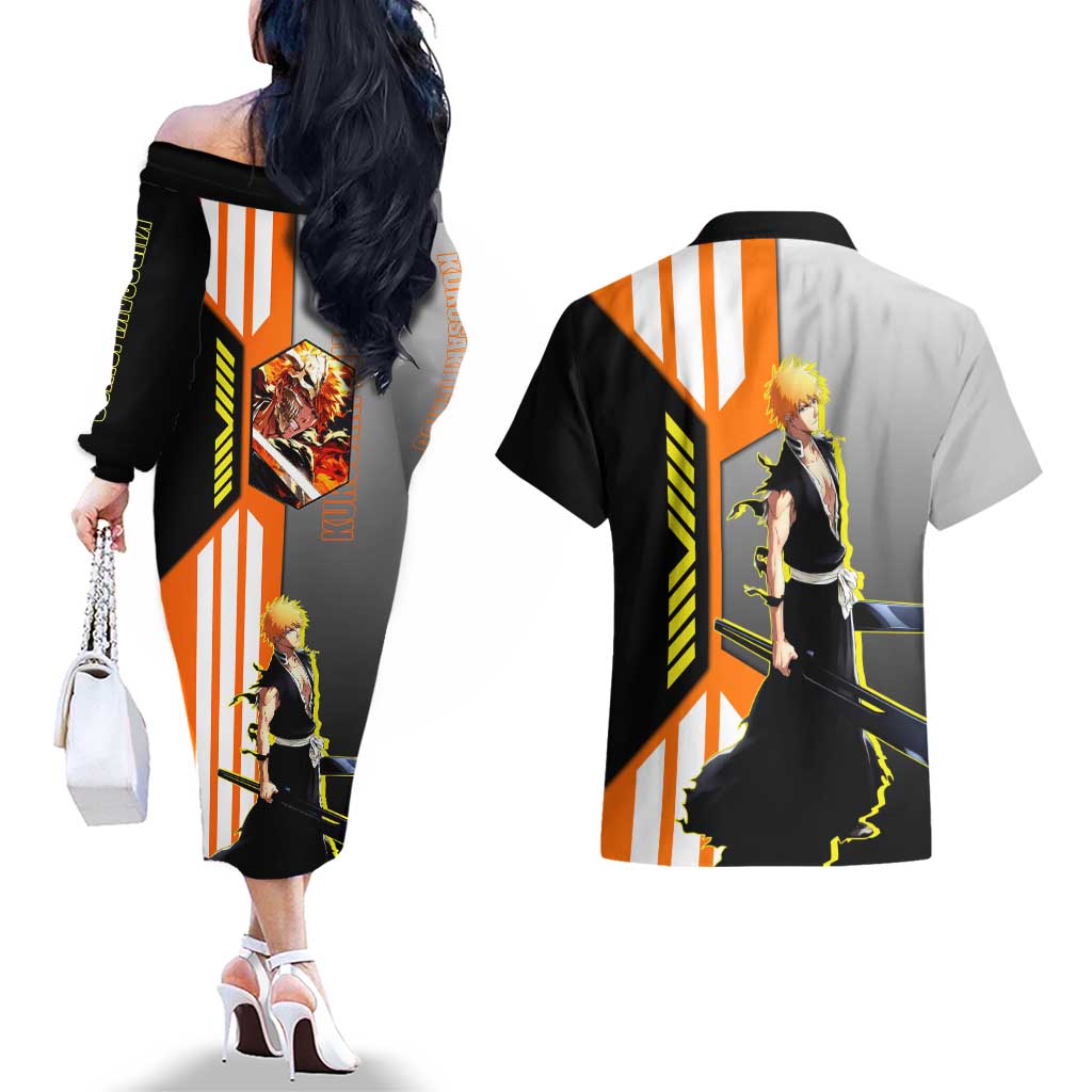 Ichigo Kurosaki from Bleach Couples Matching Off The Shoulder Long Sleeve Dress and Hawaiian Shirt with Sword and Battle Ready Pose Design - The Mazicc